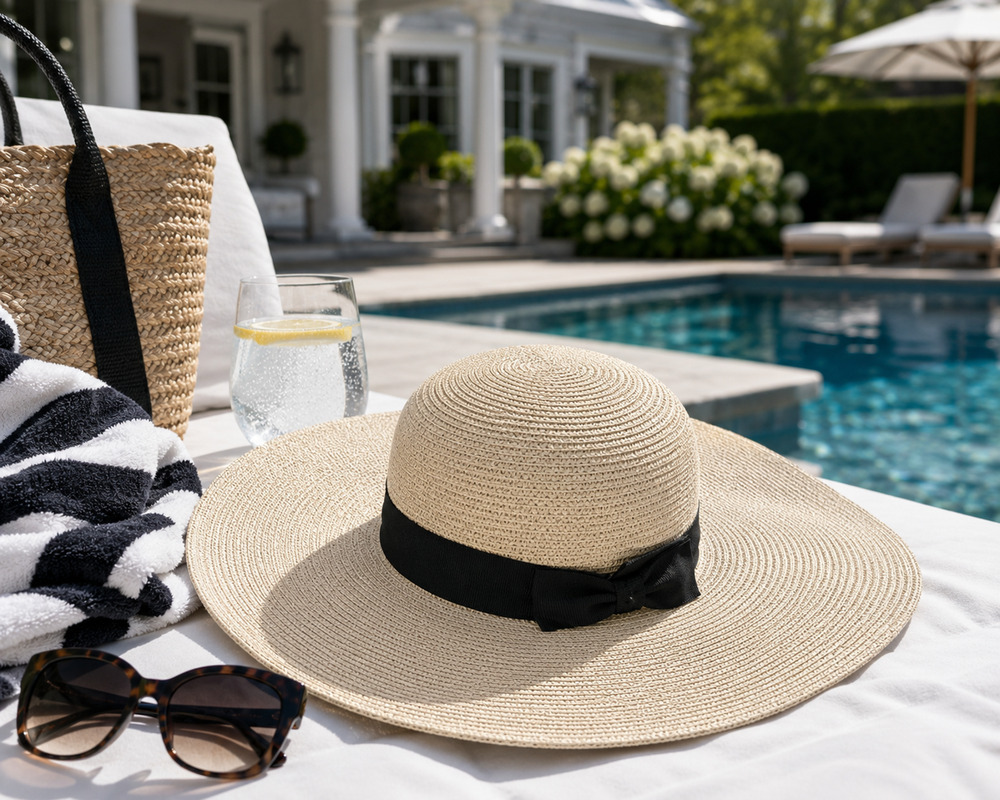 Debra Weitzner Sz M Wide Brim Sun Hat Natural Woven Straw Black Ribbon Band